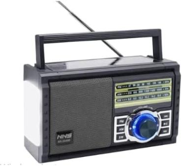 1-NNS 2049S radio device with 3 bands (FM-AM-SW) equipped with high sensitivity for outdoor use. It operates and charges via solar power and works with 2 batteries of 1.5 volts or a USB charger.