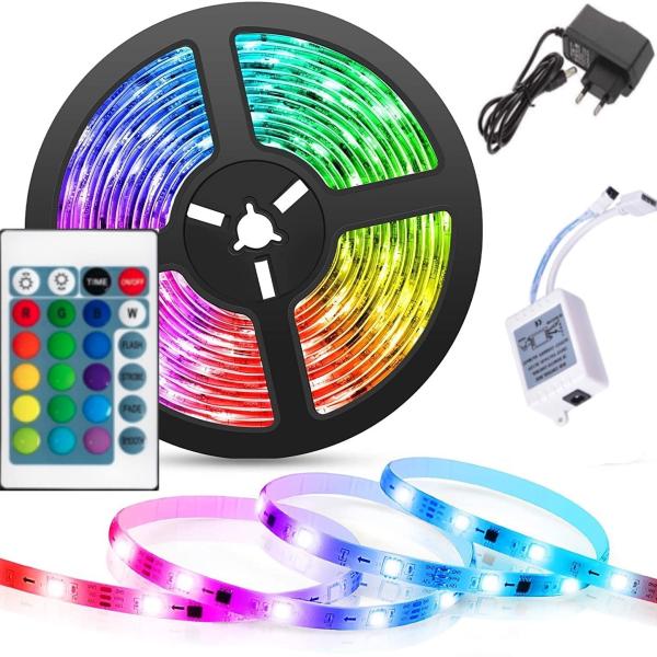 1--Waterproof LED lighting strip, 5 meters long, RGB colors 5050 model, with a remote control that contains many beautiful operating systems.