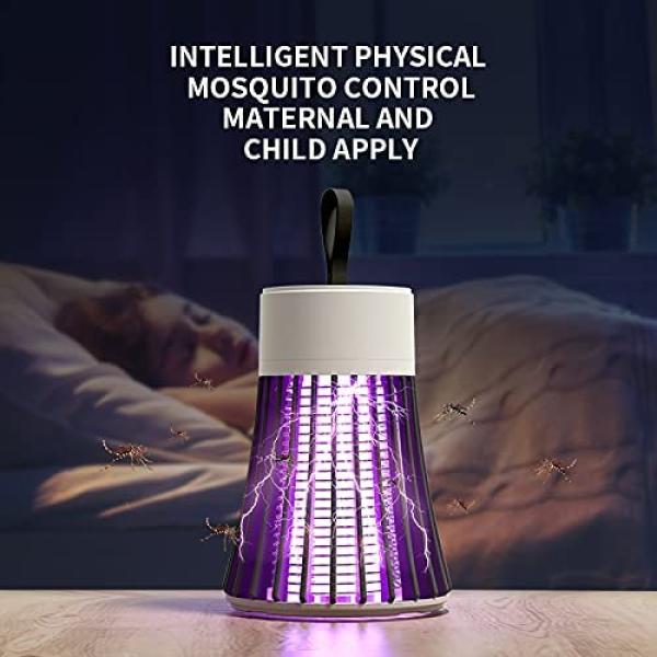 1--The mosquito and fly zapper works with a USB connection with LED lighting to attract and kill flying insects and can be placed near the bed