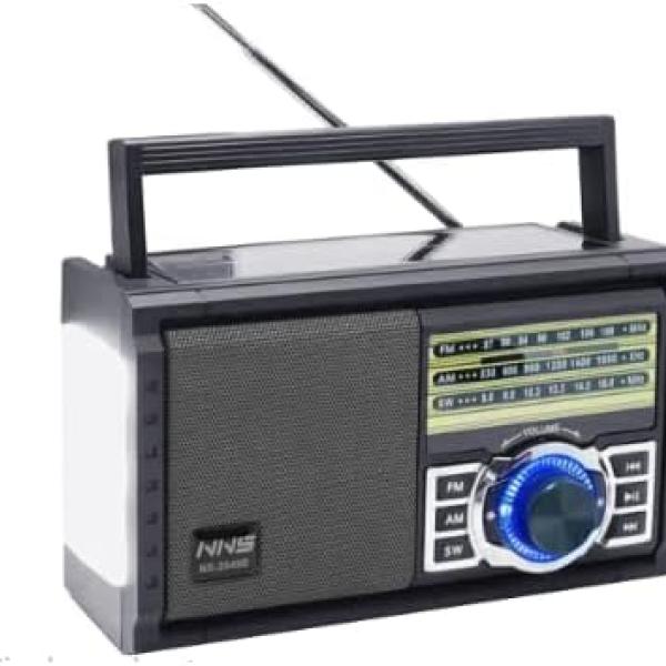 1-NNS 2049S radio device with 3 bands (FM-AM-SW) equipped with high sensitivity for outdoor use. It operates and charges via solar power and works with 2 batteries of 1.5 volts or a USB charger.